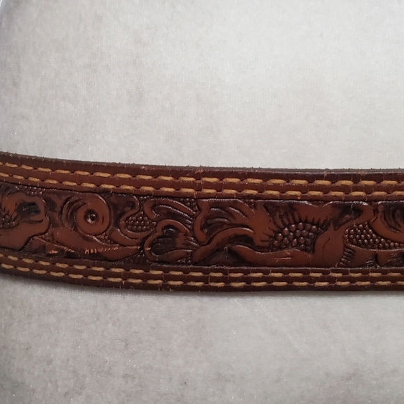 70s Vintage Torel Hand Tooled Floral Leather Brass Enamel Horse Western Belt main image 6